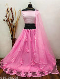 Pink net lehenga-krupa set for baby, solid top with applique dupatta, Indian traditional clothing on display