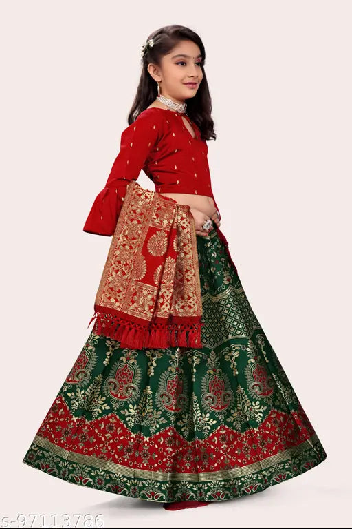Bamboo Kids Lehenga, semi-stitched with jacquard stitch, short sleeves. Traditional Indian outfit for 7-8 years old