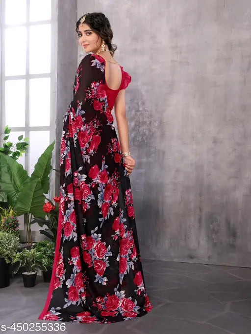 Georgette saree with unstitched blouse, vibrant party festival wedding wear, Indian handloom fashion