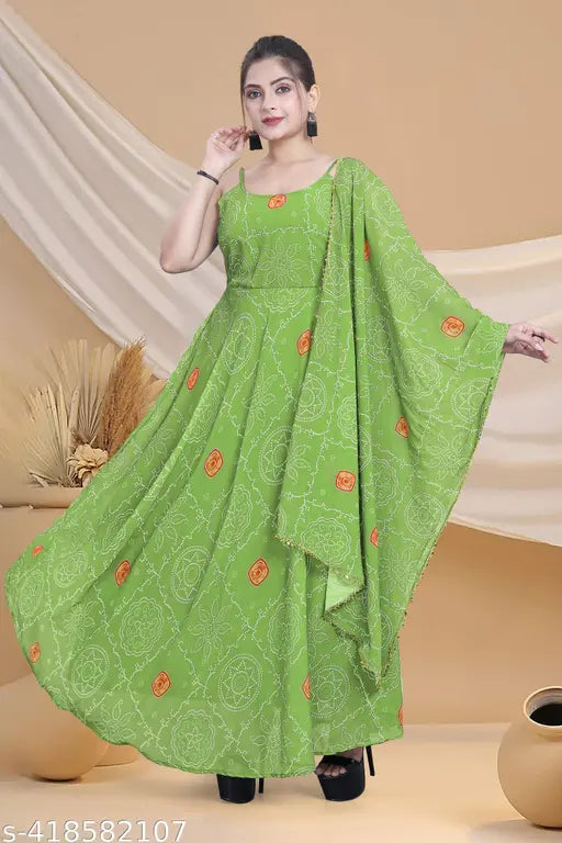 Georgette traditional ethnic long Anarkali gown & Maxi Dress, vibrant printed design, Indian fashion on mannequin