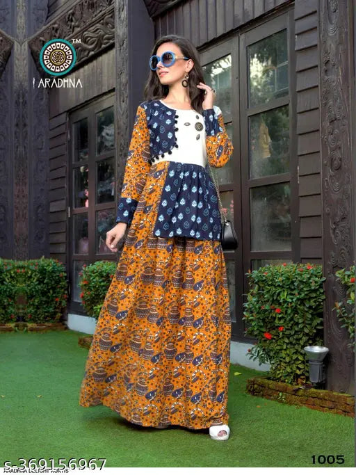 Rayon women's long flared Anarkali gown with three-quarter sleeves, printed design, L size (Bust 40in), Indian made for multiple events