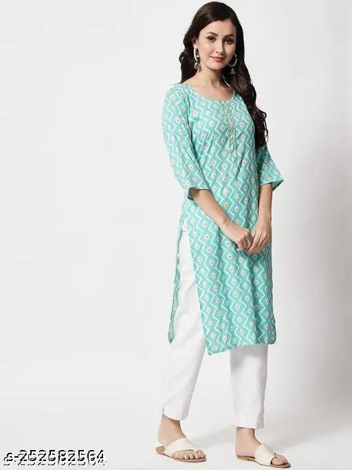 Light green rayon zigzag print straight kurti, elegant Indo-western women's fashion, three-quarter sleeves