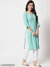Light green rayon zigzag print straight kurti for women, elegant Indo-Western style with three-quarter sleeves