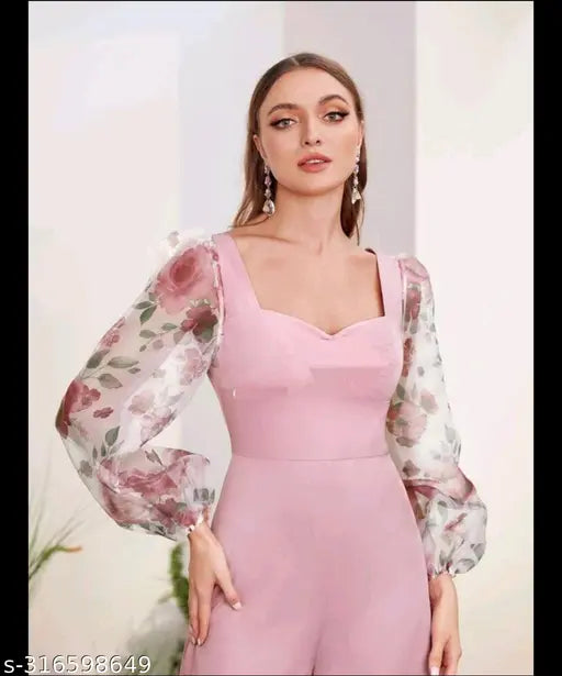 Lycra bollywood-style jumpsuit, solid net, long sleeves. Indian fashion wear for women, sizes S-XXXL