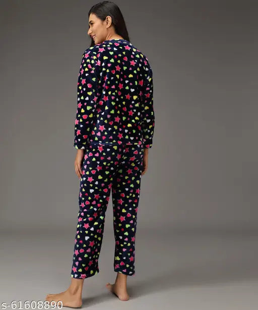 Women's winter woolen-blend fleece fur core velvet night suit set, printed top and pyjama (MLXL2XL) - premium quality Indian-made fashionable nightwear with long sleeves and comfort fit