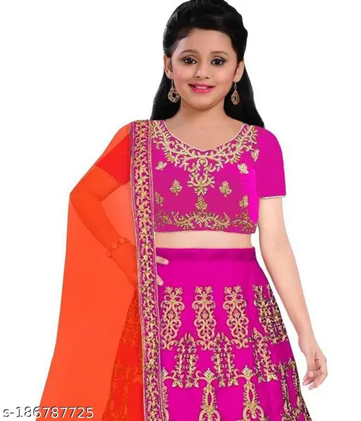 Embroidered poly silk lehenga choli set for girls (36in waist), net dupatta (1.5m length)