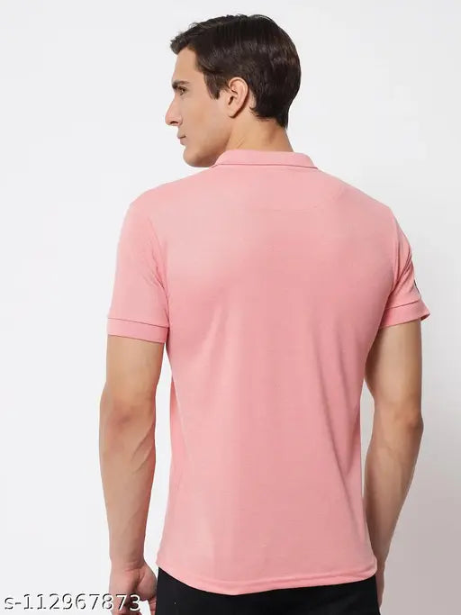 Light pink cotton blend men's collar neck half sleeve t-shirt with printed pattern, ideal for casual wear