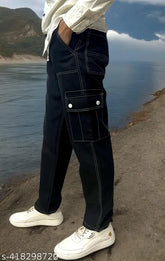 Black denim baggy men's jeans with multiple pockets, stylish loose fit from Double One, India