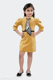 Suede-polyester midi dress with front tie, fashionable sleeves and zipper back, comes in various sizes for girls aged 4-14 years. This versatile yellow dress is suitable for parties, casual, daily wear, and more. Made in India