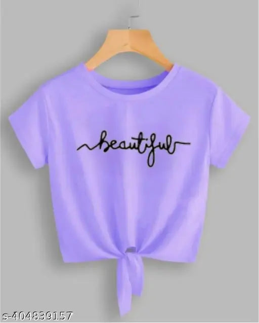Lavender lycra crop top with printed design, short sleeves and round neckline, size S, N1, trendy summer wear for women