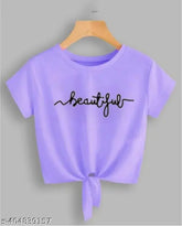 Lavender lycra crop top with printed design, short sleeves and round neckline, size S, N1, trendy summer wear for women