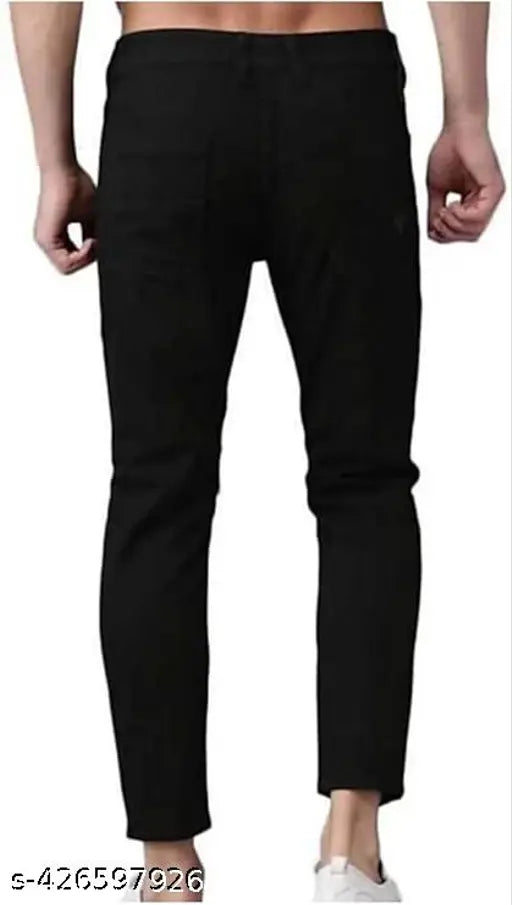 Men's black knee-cut denim pants, mid-rise, slim fit for men - stylish solid black jeans by India brand, 1 pair available in sizes 28 (waist 28, length 39, hip 30), 30 (waist 30, length 39, hip 32), and 32 (waist 32, length 39, hip 34)