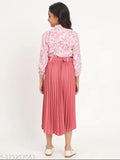 Premium quality, printed net kurta set for girls (3/4 sleeves, pleated skirt, PU belt), India