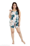 Printed premium satin women's and girls' spaghetti top & shorts set, vibrant pattern on free-size garments from India