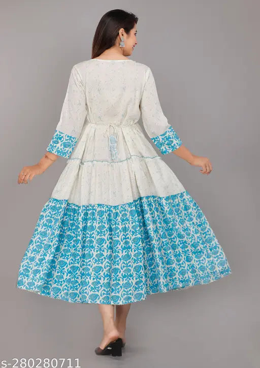 Blue rayon embroidered anarkali for women's daily wear, three-quarter sleeves, printed combo