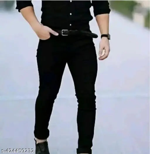 Stylish Men's black denim jeans, solid pattern, versatile wardrobe staple for contemporary fashion