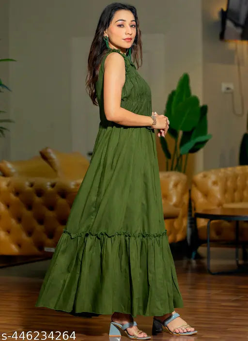 Silk sleeveless premium trendy designer gown for women & girls, India-made fashion wear on mannequin