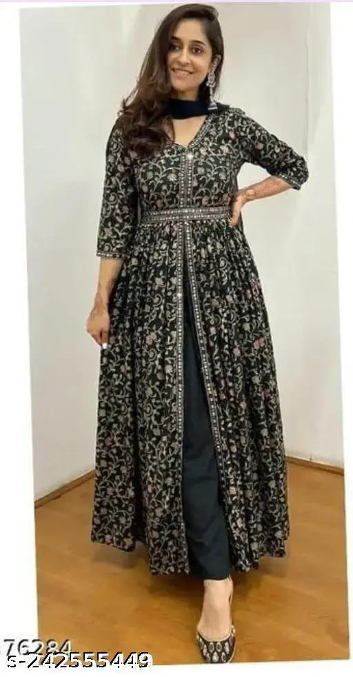 Rayon Anarkali kurti & dupatta set, printed couples outfit with three-quarter sleeves, best for functions, Indian festivals, parties, or office wear, 100% rayon fabric made in India