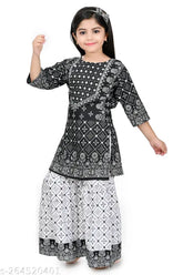 Printed rayon kurta & sharara set for girls, soft and versatile all-season clothing
