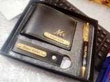 Customised black faux leather men's wallet keychain combo gift set with custom pen - sleek design, ample storage, personalized touch - India