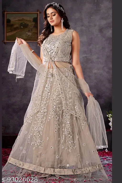 Handcrafted Indian lehenga choli set with dori embroidery, stone work, and net fabric. Solid dupatta and free size (L). Embellished traditional wear for special occasions
