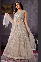 Hand-embroidered, heavy designer Indian Lehenga-Choli and Dupatta set with dori and stone work, net fabric, free size (L), India origin