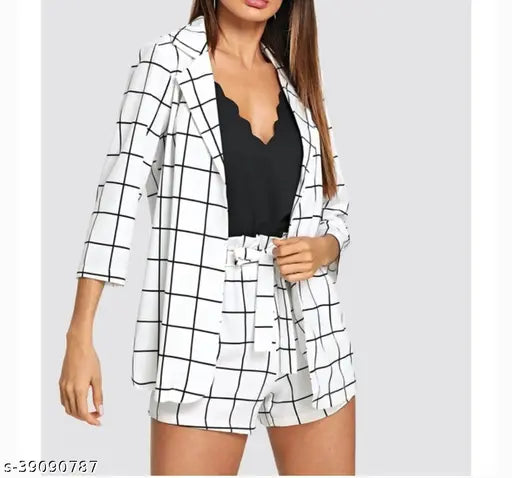 Cotton blend western shirt and short combo, self-design denim for women's casual wear, dark wash color with three-quarter sleeves