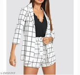 Cotton blend western shirt and short combo, self-design denim for women's casual wear, dark wash color with three-quarter sleeves