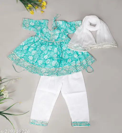 Sky Blue Spack Jerrow Pure Cotton Printed Baby Girl's Kurti Pyjami Set with Dupatta, soft & comfortable for play