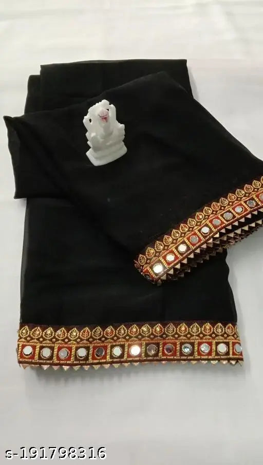 Black Banarasi Georgette Lace border Saree with Separate Satin Silk Blouse - Indian Party wear FANCY LACE MAHARANI SAREE