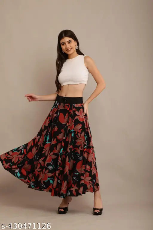 Red georgette skirt with life printed pattern for women, size 28 (waist 28in, hip 32in), on model