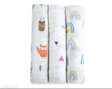 Organic muslin swaddle set of 3 (fox - rainbow triangle), cotton, abstract print, ideal for mild winter, from India