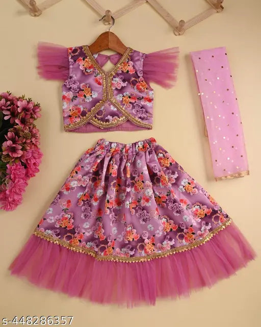 Trending chanderi silk lehenga set with floral print, short-sleeved top & net dupatta for kids (1-6 years), Indian origin