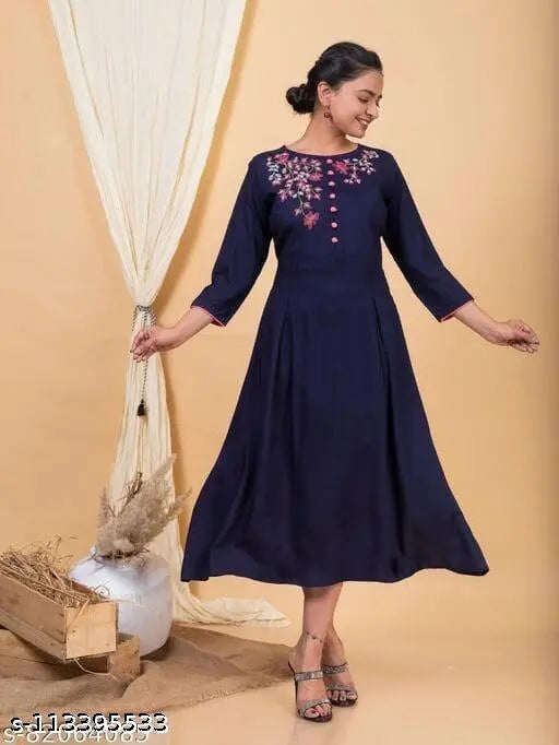 Rayon embroidered three-quarter sleeve kurti by Alisha, Indian fashion for women