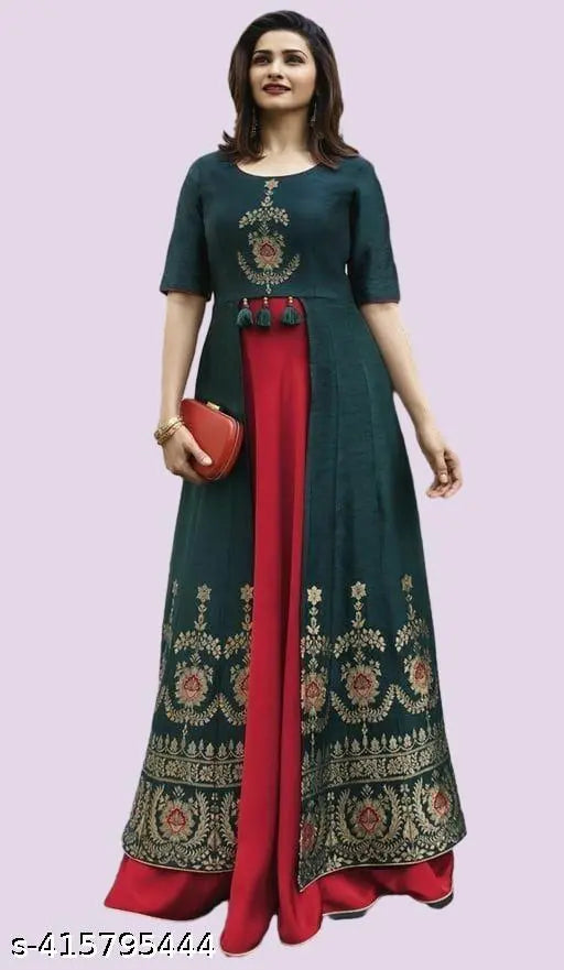 Red & Green Rayon Anarkali Kurti with Embroidered Pattern, Indian fashion for M (38in bust, 50in size length) & L (40in bust, 50in size length)