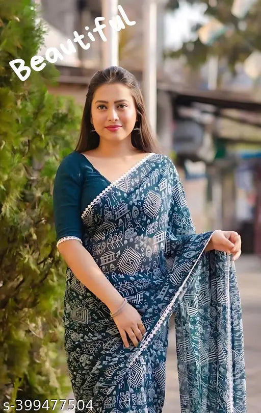 Georgette Saree New Collection - Printed, soft, single latest design in white or multiple vibrant colors, free size (5.5m saree, 0.8m blouse). Indian fashion for daily wear or special occasions