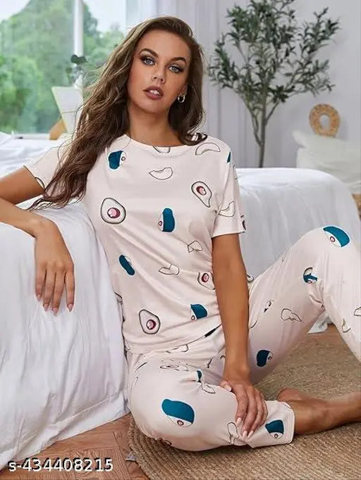 Camelon Women's Satin Night Suit with Avocado Print, premium cotton blend sleepwear featuring loose-fitting tops and pants, great for lounging or sleeping