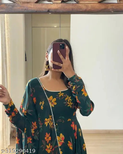 Green Georgette long sleeve blouse, printed with intricate Indian motifs - S size