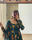 Green Georgette long sleeve blouse, printed with intricate Indian motifs - S size