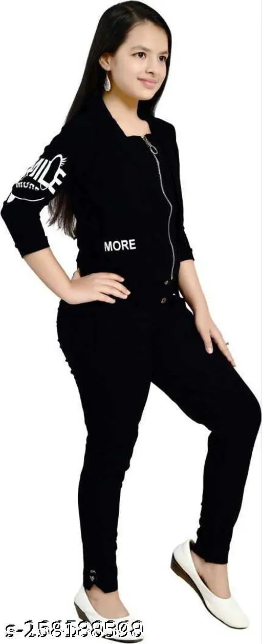 Black cotton dress set for girls aged 4-15 years, featuring printed koti and ankle length pants, trendy fashion for casual or partywear