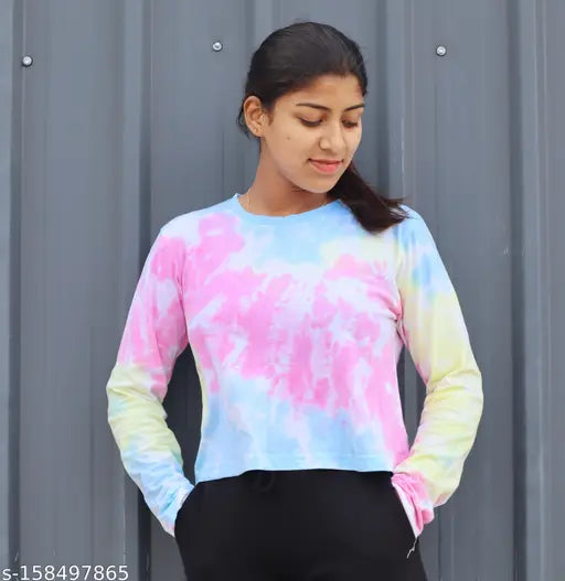 Tie-dye women's cotton long sleeve T-shirt, vibrant dyed pattern on display