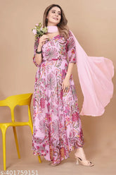 Pink Georgette floral printed designer dress with dupatta, three-quarter sleeves - Indian ethnic wear for women