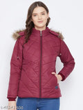 Maroon women's parka jacket, solid polyester full-sleeve design, quilted with polyfill, detachable faux fur hood, 3 pockets (1 inside, 2 outside), Indian origin