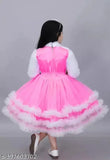 Coral and white net frock with fluffy sleeves and floral details, ideal for girls' special occasions (1-11 years)