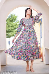 Floral print Rayon Anarkali kurti, three-quarter sleeves, hand-screened Indian ethnic wear