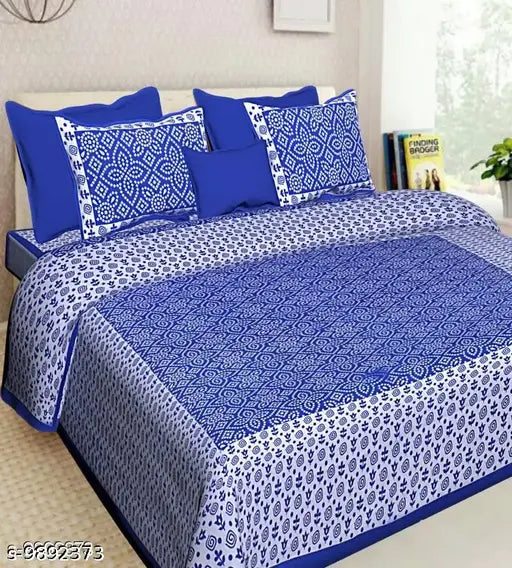 Cotton blue Sanganeri print double bedsheet with chunri pattern, 2 pillow covers included, 144 thread count