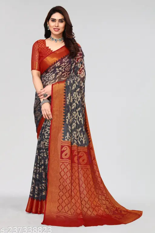 Grey chiffon Brasso floral printed saree with chiffon running blouse piece for women, free size, India origin