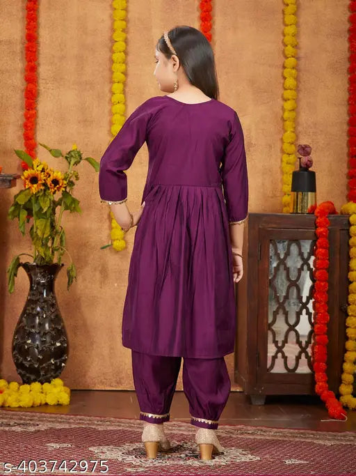 Purple silk kurti and patiala set with solid sequins lace work, A-line silhouette for girls aged 5-11 years, Indian ethnic wear by Aarika