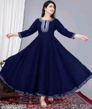 V-neck blue gown, rayon three-quarter sleeve printed dress for women in sizes S-XXXXL from India