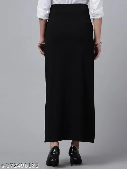 Black polyester net formal A-line long skirt for women, available in sizes 28, 30, 32, 34 inches waist and 36 inches length. Made in India